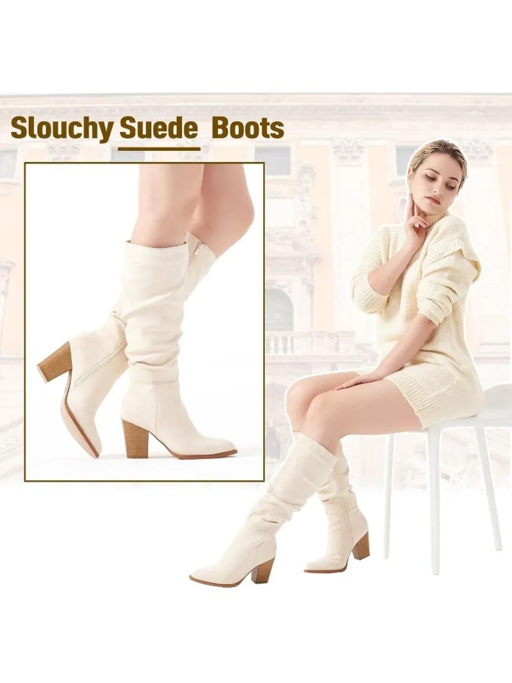 Women's Beige Knee High  Faux Suede Pointed Toe Slouch Boots with Chunky Heel